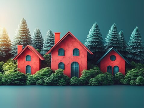Three red houses surrounded by trees and a body of water