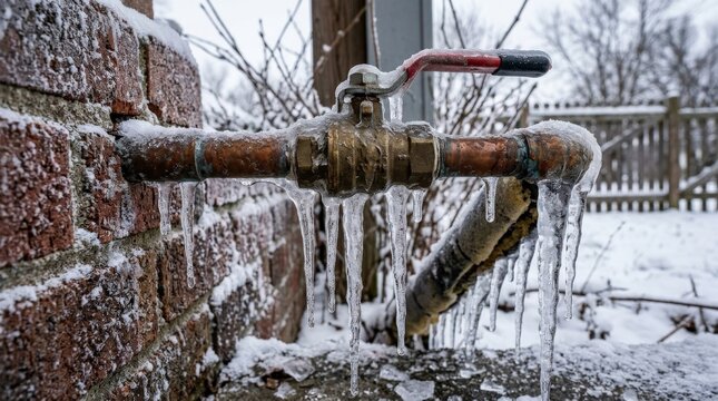 Water pipe valve freezing in winter with icicles, cold weather plumbing problem and seasonal maintenance concept, outdoor detail, realistic texture, no logos