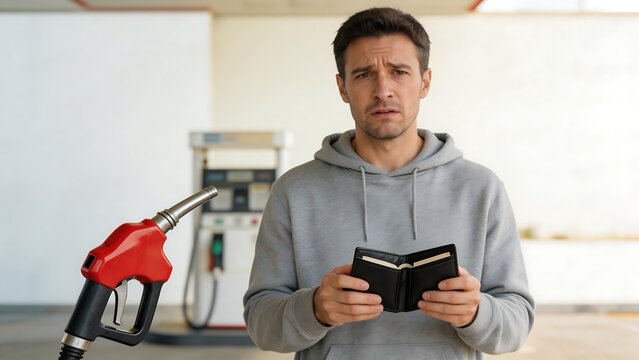 Man at gas station with empty wallet
