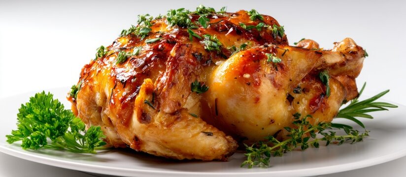 Delicious Whole Roast Chicken on Isolated White Background Top View