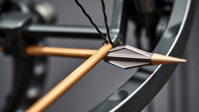 Compound bow's cam and string groove with an arrow nocked, close-up.