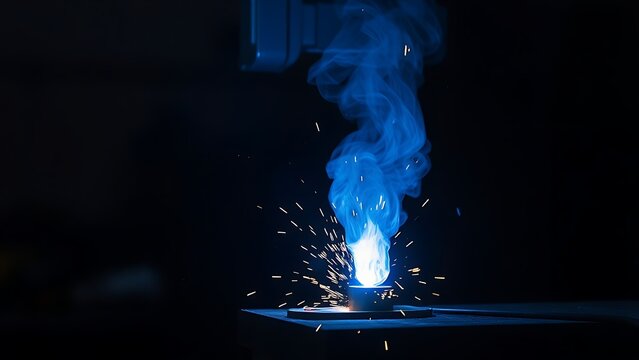 A brazing torch casting blue-white light and sparks on metal in a dim workshop.