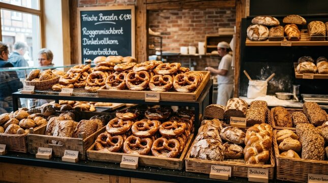 Fresh German pretzels bakery display, golden brown baked bread assortment, appetizing food shop presentation, rustic texture and warm lighting, no logos
