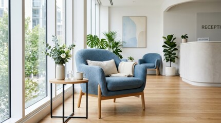 Fototapeta premium Comfortable blue aesthetic chair in bright clinic, modern healthcare or beauty interior with clean minimal design and soft daylight, realistic detail, no logos
