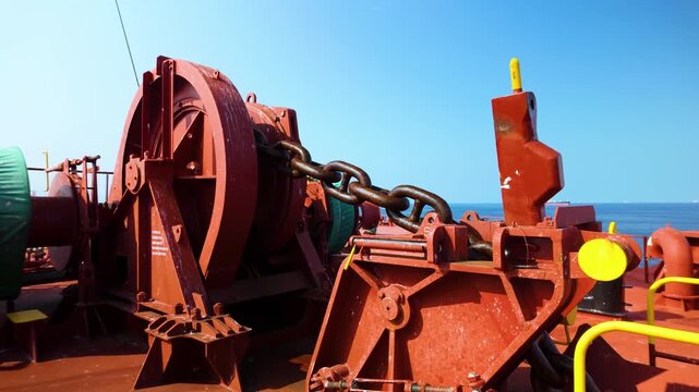 Mooring equipment and anchor windlass on a tanker deck at sea.