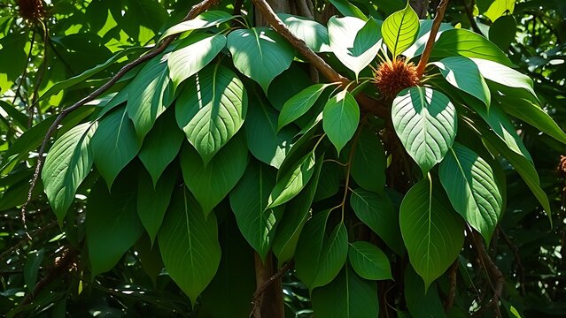 Two rainforest vines, ayahuasca and chacruna leaves, intertwined and growing together in dappled sunlight.
