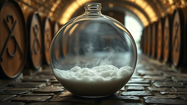Large spherical glass demijohn with cloudy liquid in an ancient wine cellar.