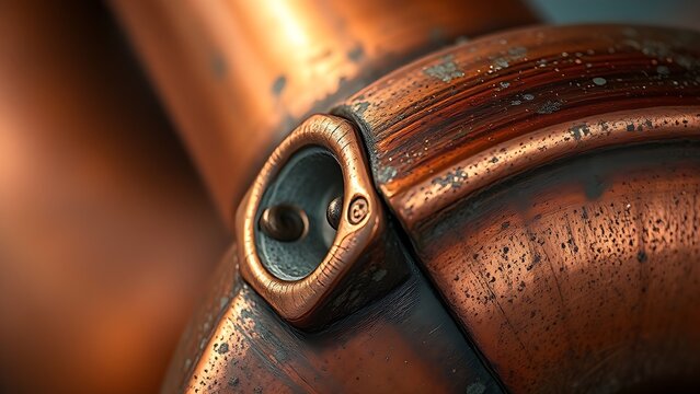 Close-up of a copper pipe joint with a shiny brazed seam and oxidation.
