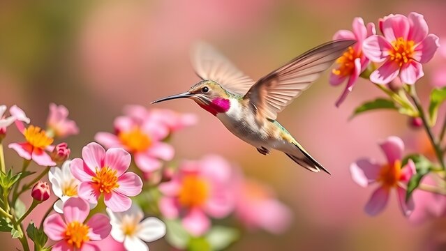 A hummingbird in motion among vibrant flowers, wings blurred against a soft background.
