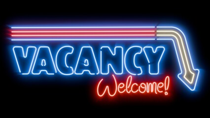 Obraz premium Vacancy welcome vibrant glowing neon sign on black background for easy blending