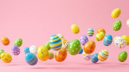 Fototapeta premium Colorful Easter eggs bouncing on pink background, festive spring holiday concept with copy space, playful cheerful composition, bright studio lighting, clean minimal design, no logos