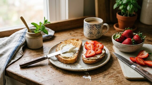 Toast with cream cheese and strawberries being prepared with a knife, breakfast food scene with fresh fruit and creamy texture, cozy kitchen styling, soft light, realistic detail, no logos
