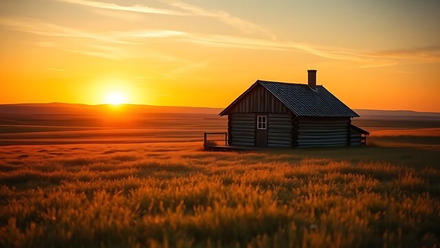 A solitary cabin on a vast prairie under the warm glow of sunset.