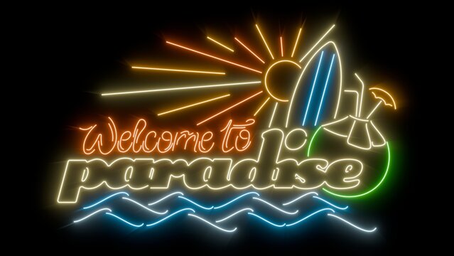 Welcome to paradise vibrant glowing neon sign on black background for easy blending