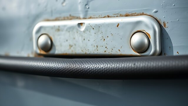 Close-up of a thick rubber seal compressed against a steel ship's hatch.