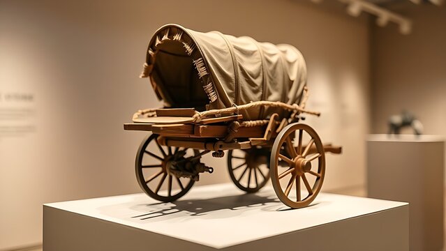 Miniature detailed oxcart model on a museum pedestal, soft gallery lighting.