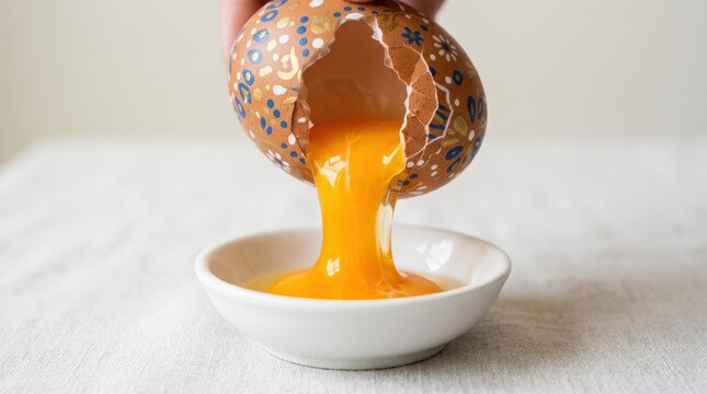 Cracked egg with patterned shell spilling bright yolk, food concept with playful styling, clean minimal background, dramatic close-up, realistic texture, no logos