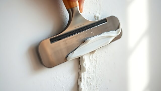 A stainless steel putty knife smoothing white spackle over a wall crack.