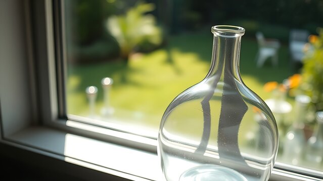 A glass demijohn on a windowsill refracting a sunlit garden view.