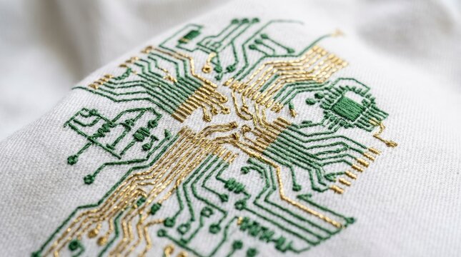 Green and gold circuit patterns embroidered on white fabric, smart textile concept, wearable technology, premium material texture, clean close-up composition, realistic detail, no logos