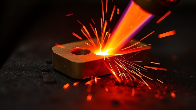 Close-up of brass being brazed to iron with glowing molten metal and sparks.