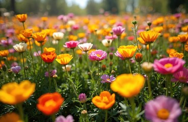 Obraz premium Field full of colorful ranunculus flowers. Delicate petals in pink orange yellow and white bloom on green stems under soft sunlight. A garden scene with many blossoms creating vibrant natural beauty.