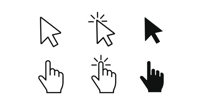 Vector graphic illustration of various mouse cursor and hand icons for computer interface design