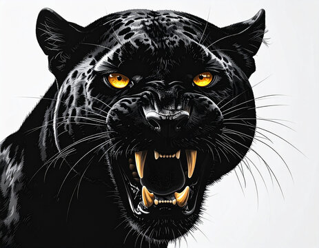 Aggressive black panther portrait with glowing yellow eyes.