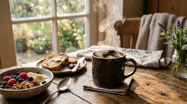 Steaming coffee mug on rustic wooden table in warm morning sunlight, cozy breakfast and comfort concept, rich aroma atmosphere, realistic detail, no logos