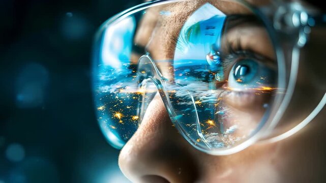 Augmented Reality Vision. Person in AR glasses reflecting smart city and global network.