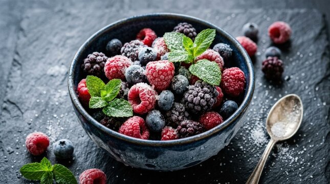 Frozen mixed berries with mint and sugar on dark background, fresh fruit concept with icy texture and rich vibrant contrast, realistic detail, no logos