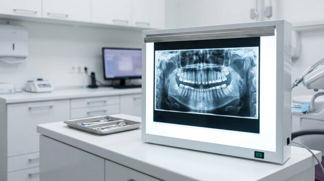 X ray of teeth and jaw on lightbox, dental diagnostics and orthodontic analysis concept, clean medical setting, realistic detail, no logos