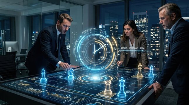 Strategic business planning with glowing clock and chess pieces on digital board, time management, corporate strategy decisions, futuristic interface, leadership concept, no logos
