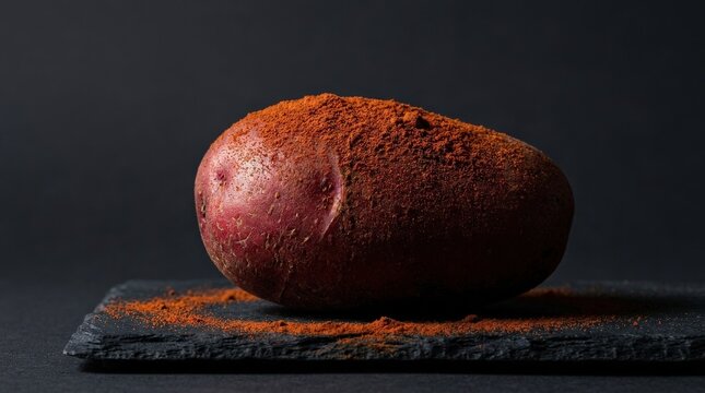 Vibrant red potato covered in powder, bold food still life with dramatic texture and modern minimal composition, realistic detail, no logos