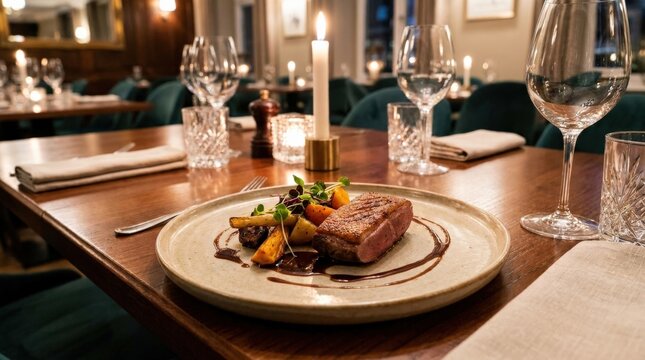 Restaurant plate with meat and vegetables, gourmet dining concept with balanced presentation and fresh ingredients in elegant table setting, warm light, realistic detail, no logos