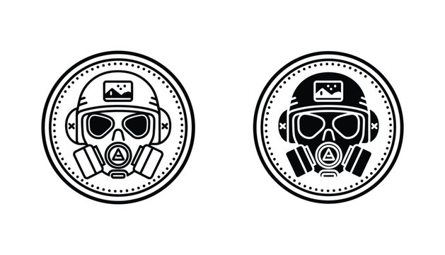 Tactical soldier emblem set with gas mask and helmet in circular design for military gaming or security company logo featuring detailed line art and solid black fill