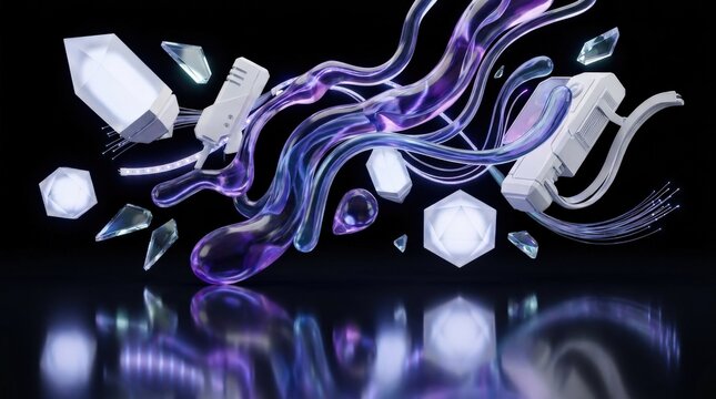 white cyber elements in glass and liquid acrylic with purple and blue radiance, suspended on a black void with glossy reflections and sleek contours, cinematic high-tech atmosphere, ultra-realistic,