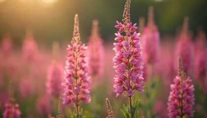Obraz premium Field of pink flowers blooming at sunset. Detailed view of Lupinus polyphyllus plant stems with small pink blossoms. Soft sun light illuminates petals in warm golden hour glow, nature beauty.