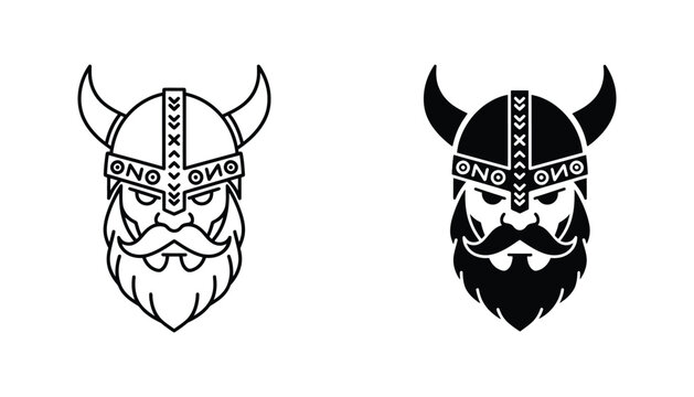 Viking warrior head icon with horned helmet and traditional braided beard design for historic branding and cultural graphic projects