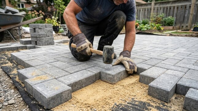 Worker setting gray concrete pavers with mallet, patio installation and landscaping construction concept, close up craftsmanship, daylight, realistic detail, no logos
