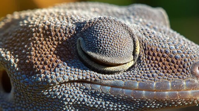 Extreme Close-Up of Gecko Head Blinking Large Golden Eye with Vertical Slit Pupil