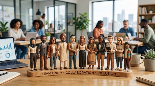 Diverse wooden figurines symbolizing multicultural team unity and inclusion in modern office workspace, business diversity and collaboration concept with clean professional styling, realistic detail,