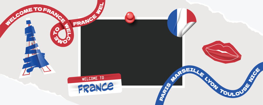 Welcome to france travel frame collage photos with scrapbook torn paper style.