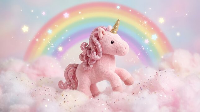 Pink unicorn on a pastel rainbow background with clouds and sparkles, playful fantasy character, cute dreamy scene, no logos