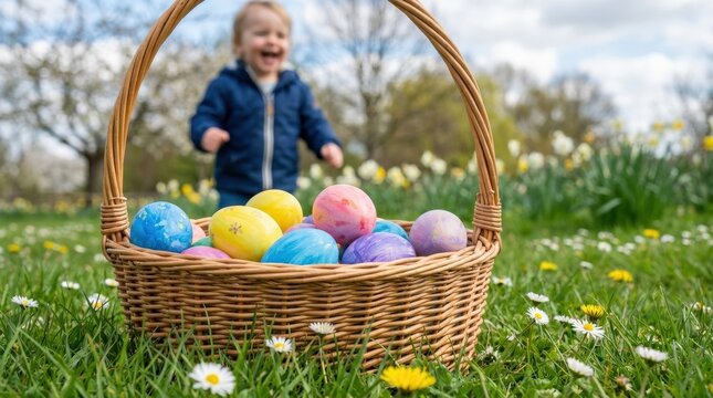 Colorful basket of Easter eggs on green grass with daisies, blurred child in the background enjoying springtime, cheerful seasonal scene, natural daylight, realistic detail, no logos