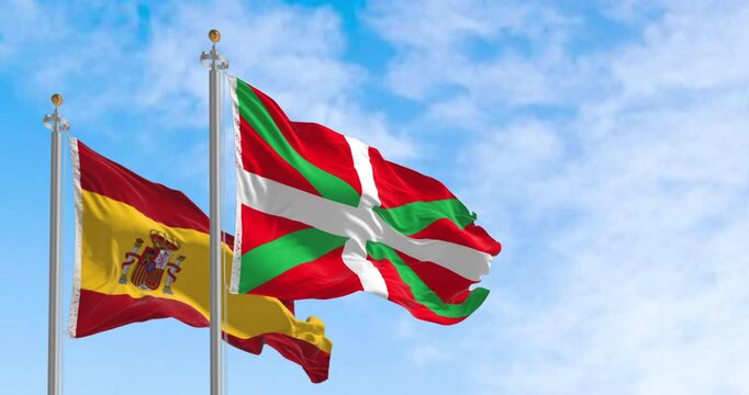 Basque Country and Spanish flags waving in the wind on a clear day. Spanish Autonomous community. Seamless 3d render animation. Slow motion loop. Selective focus