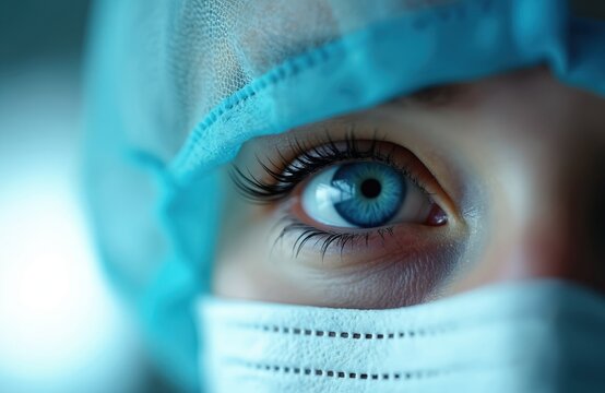 Close-up of blue human eye with long lashes. Person wears medical surgical cap and face mask. Focus on eye, conveying emotion, introspection, and awareness.