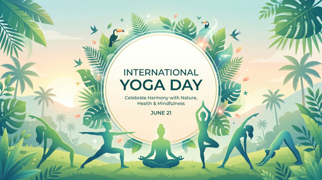 Yoga day nature theme illustration with people practicing diverse asana poses in tropical landscape promoting wellness harmony for international banner design
