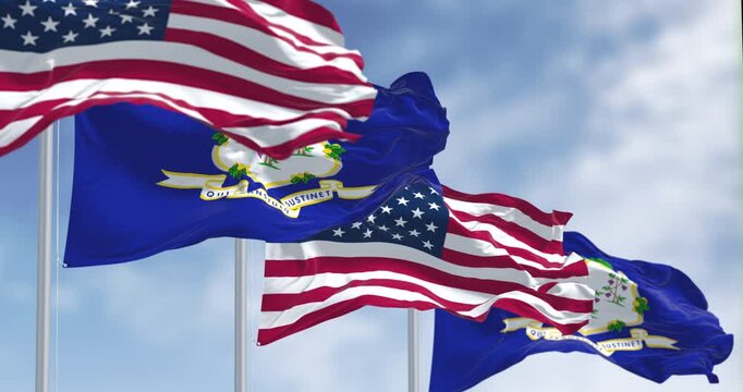 Connecticut state flags waving with national american flags on a clear day. Seamless 3d render animation. Slow motion loop. Selective focus