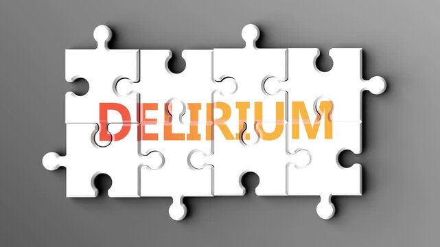 Delirium being a complex topic - puzzle pieces with word delirium coming together to make a whole. Delirium made of many fitting parts, a compound subject.